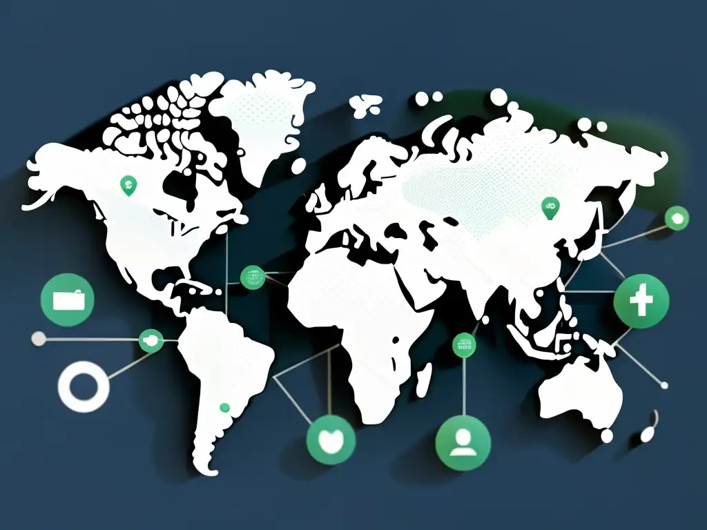 Mapa del mundo detallado con conexiones de comercio electrónico y símbolos de inclusión financiera, en estilo minimalista