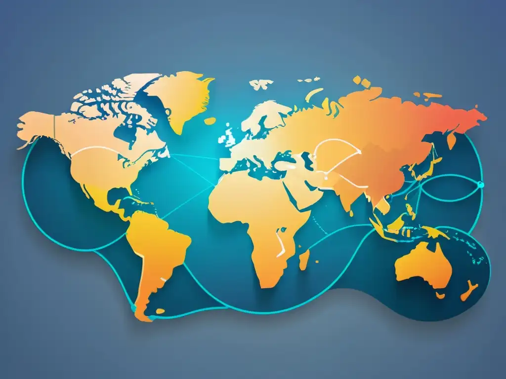 Mapa del mundo detallado en 8k con líneas de marketing global, y tonos sutiles, para 'Cómo crear campañas efectivas eCommerce internacional'