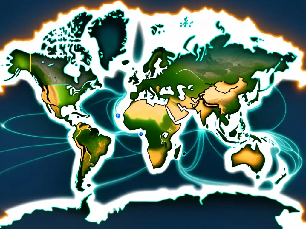 Mapa del mundo detallado destaca rutas comerciales internacionales, simbolizando la interconexión global y el potencial de expansión a través de colaboraciones internacionales para expandir el E-Commerce