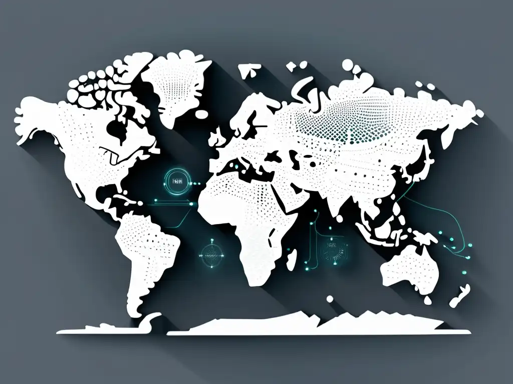 Mapa del mundo digital en escala de grises, simbolizando el posicionamiento de marca global en Ecommerce con líneas interconectadas y aspecto moderno