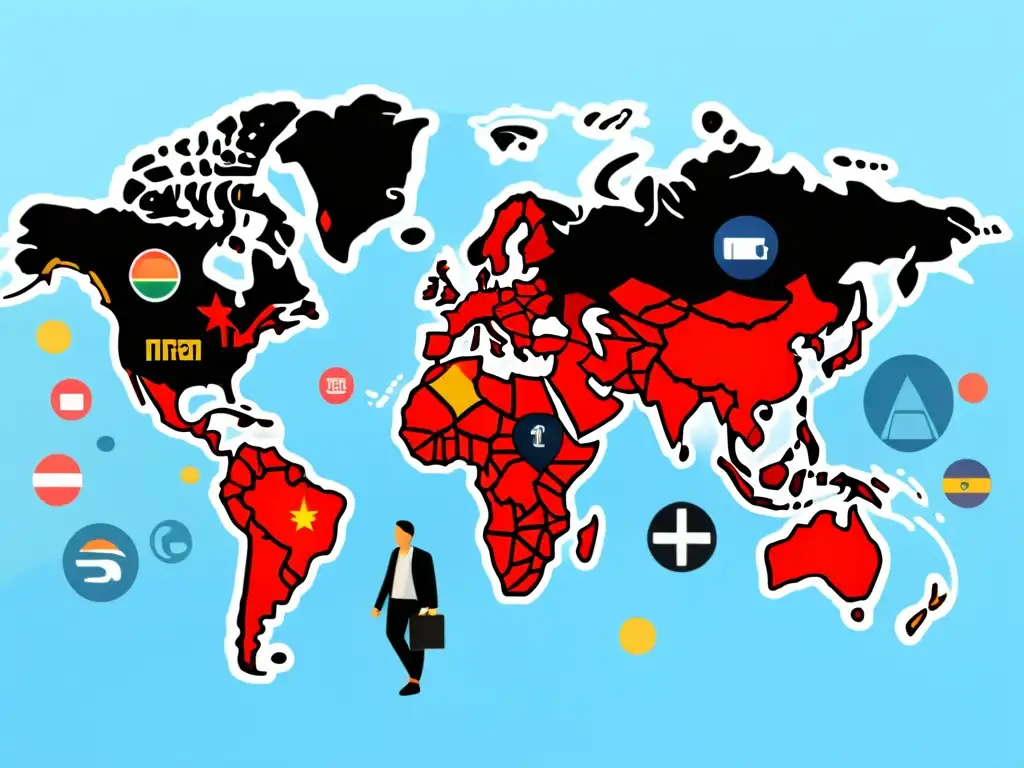 Mapa del mundo digital con iconos de marketing, reflejando la complejidad de campañas de eCommerce internacional