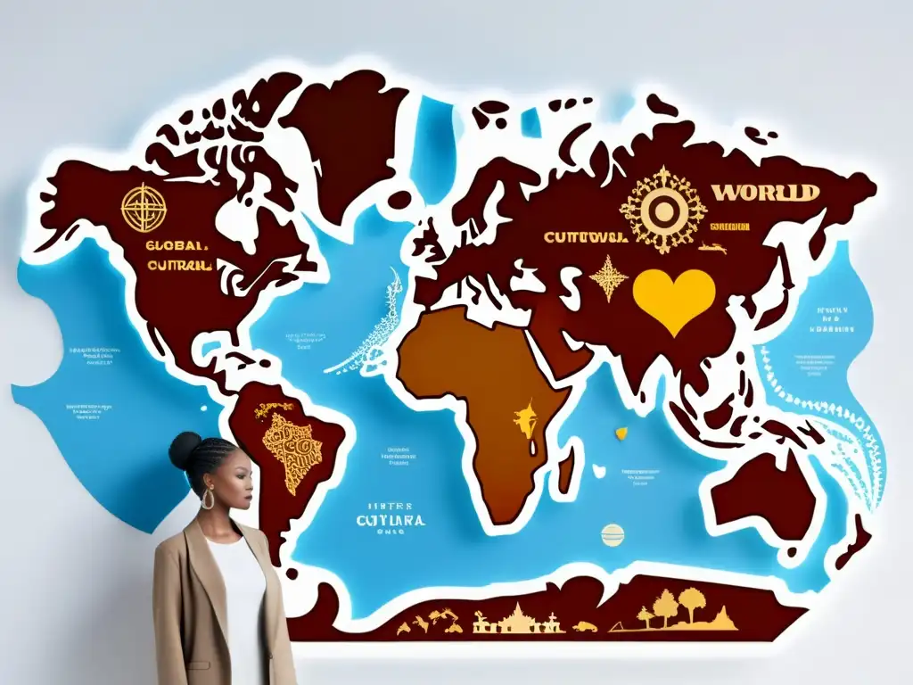 Mapa del mundo intrincadamente diseñado con símbolos culturales, representando la diversidad global