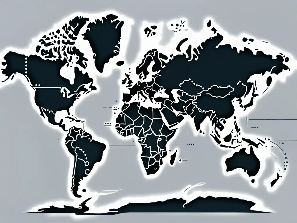 Mapa del mundo en escala de grises con líneas punteadas conectando países para representar transacciones de ecommerce transfronterizo