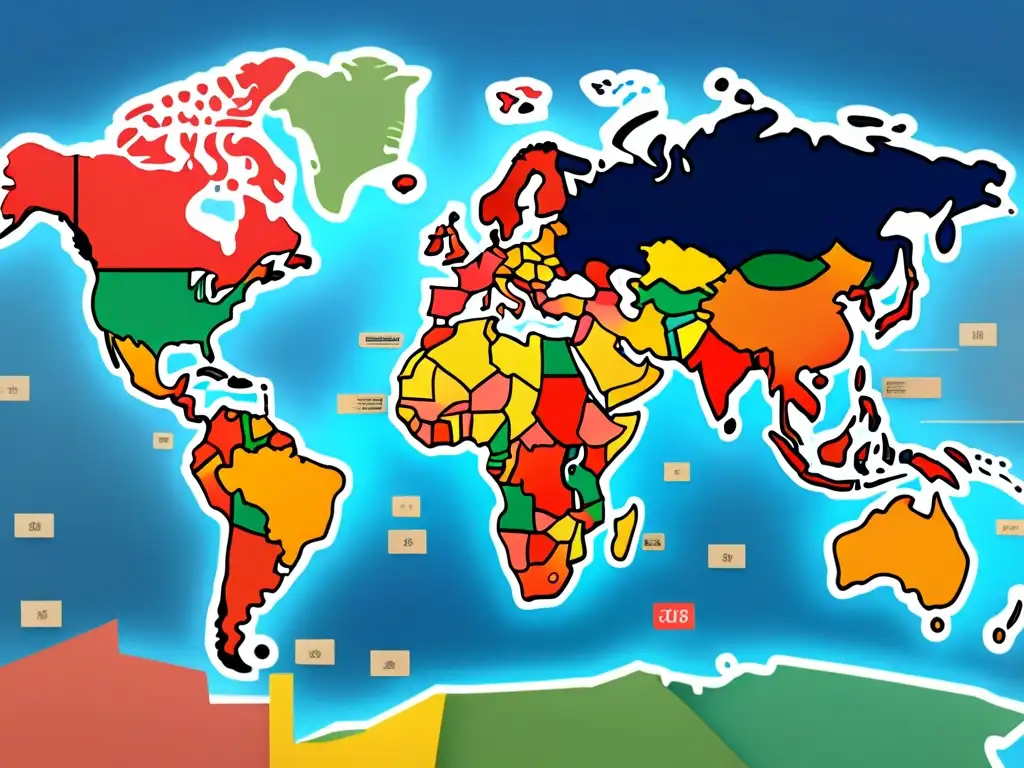 Mapa del mundo en 8k con etiquetas de precios, reflejando estrategias de precios para mercados internacionales en diversas culturas