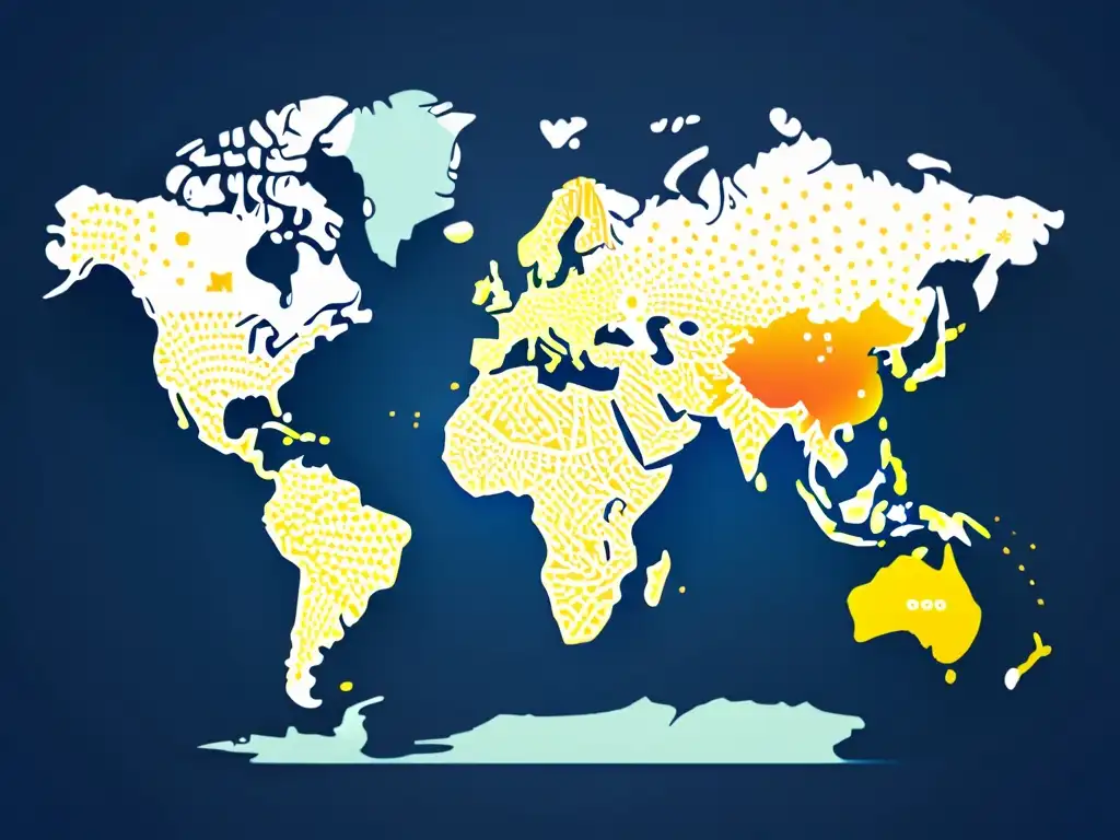 Mapa del mundo formado por iconos de redes sociales, representando la globalización de marca en redes sociales con colores vibrantes y llamativos