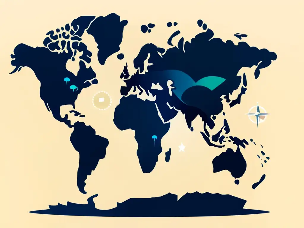 Mapa del mundo formado por iconos de redes sociales, representando la globalización de marca en redes sociales con un diseño moderno y elegante