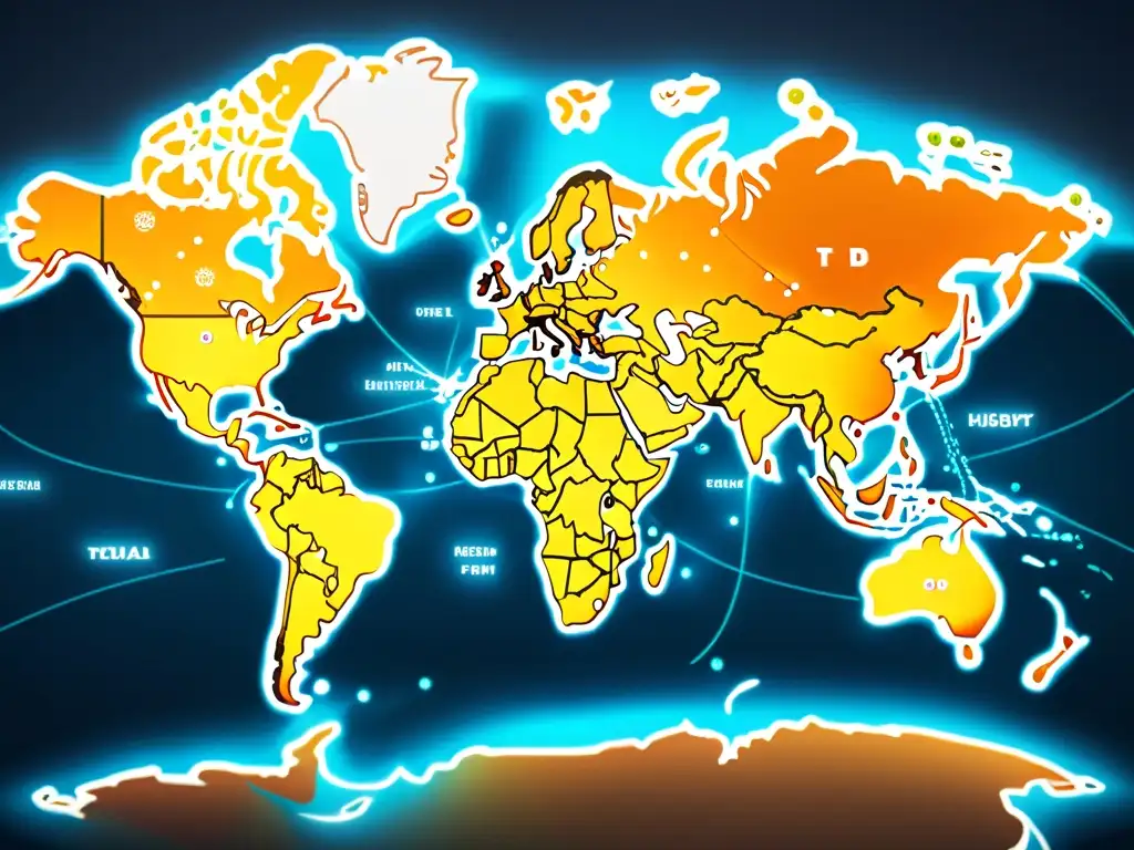 Mapa del mundo iluminado mostrando rutas comerciales y centros de comercio internacional