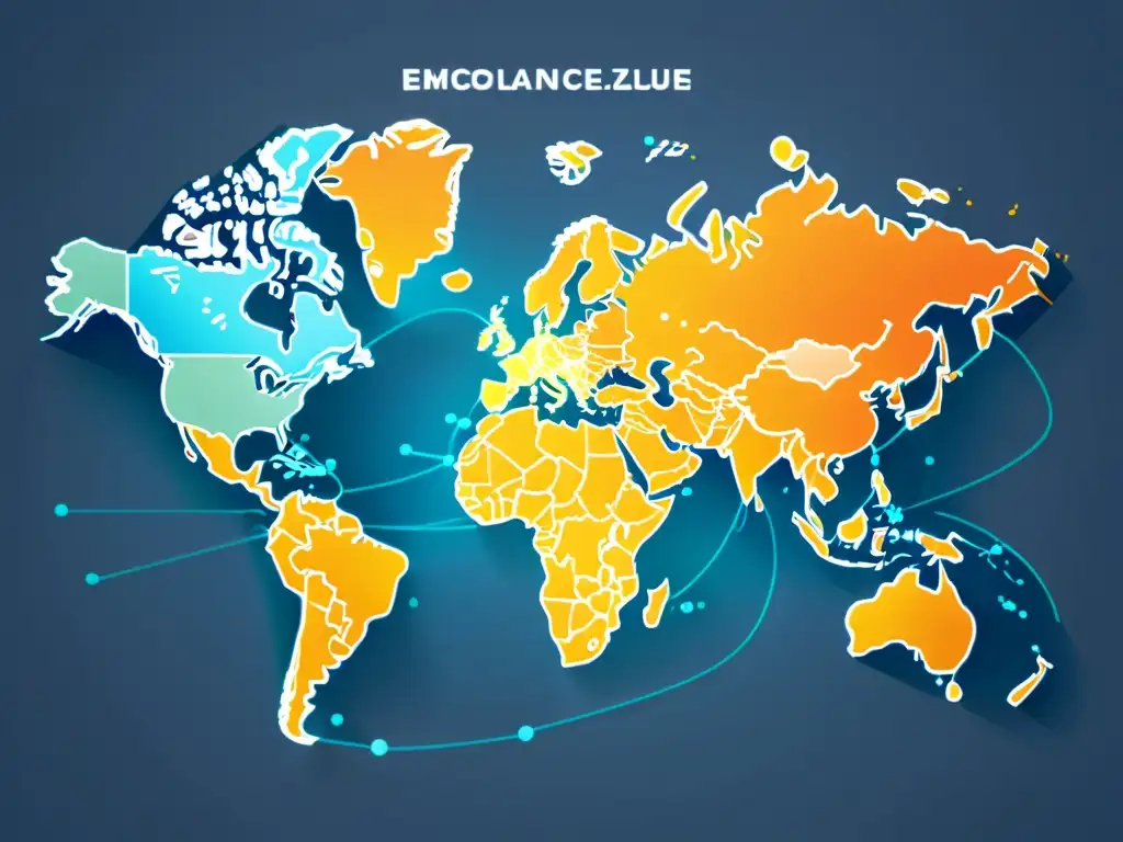 Mapa del mundo interconectado, reflejando el papel del ecommerce en la globalización, con líneas nítidas y colores vibrantes