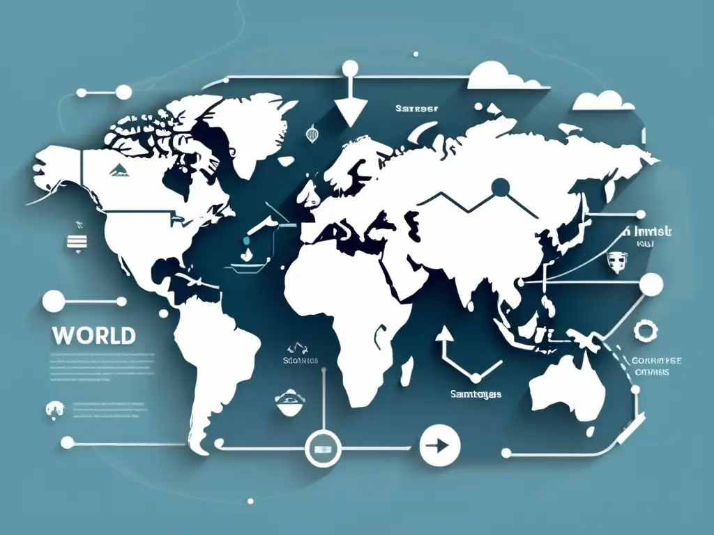 Mapa del mundo con líneas y flechas conectando regiones, representando tendencias de consumo mundial y estrategias de eCommerce