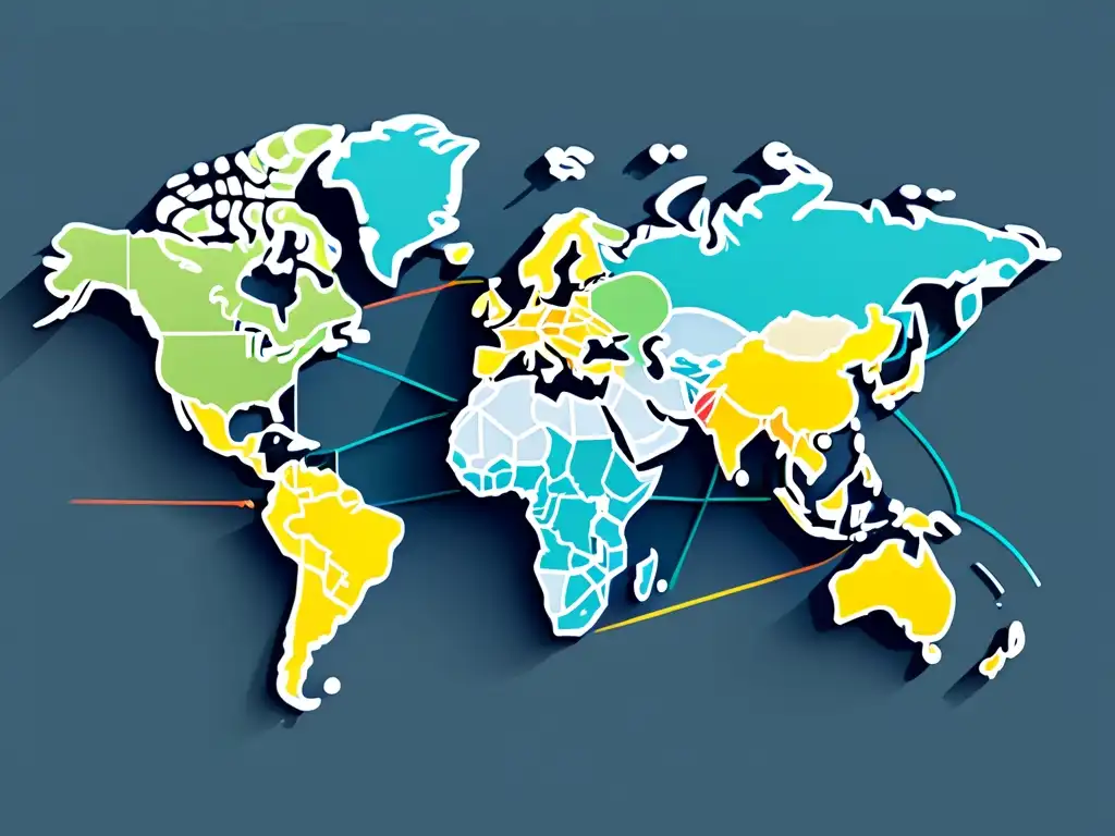 Mapa del mundo con líneas y nodos que representan estrategias de marketing de afiliación de alcance global en colores vibrantes y sofisticados