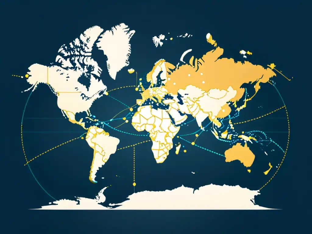 Mapa del mundo con líneas punteadas que representan acuerdos comerciales en el ecommerce