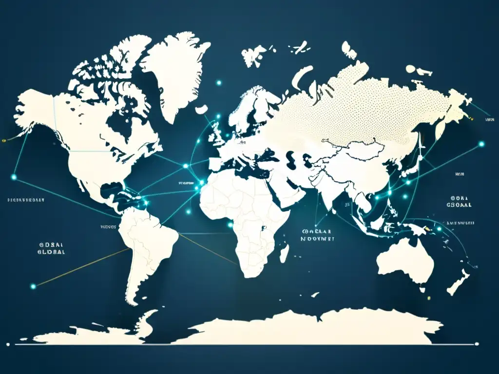 Mapa del mundo con líneas y puntos representando transacciones de eCommerce a nivel global