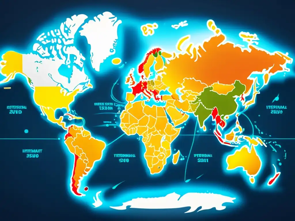 Un mapa del mundo minimalista en alta resolución con rutas de envío internacionales resaltadas en colores vibrantes, mostrando la naturaleza interconectada de los modelos de negocio dropshipping internacional