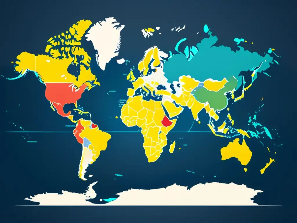 Un mapa del mundo minimalista, con colores vibrantes resaltando diferentes países