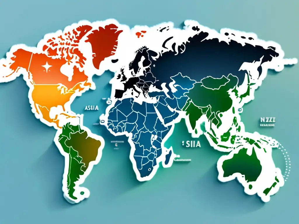 Mapa del mundo minimalista con Asia destacado en un sutil degradado, rodeado de símbolos de transacciones digitales