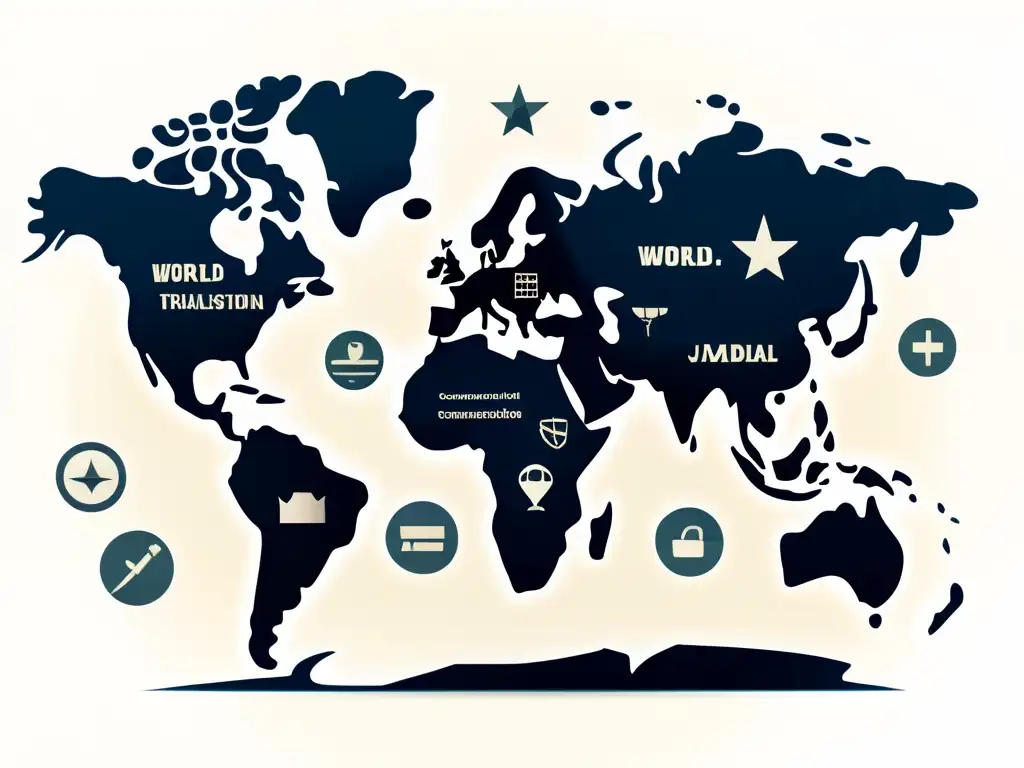 Un mapa del mundo minimalista formado por iconos de idiomas y traducción, con símbolos de ecommerce integrados