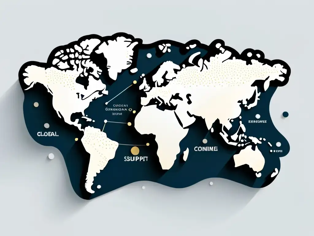 Mapa del mundo minimalista con líneas punteadas conectando países, simbolizando aventura ecommerce transfronterizo