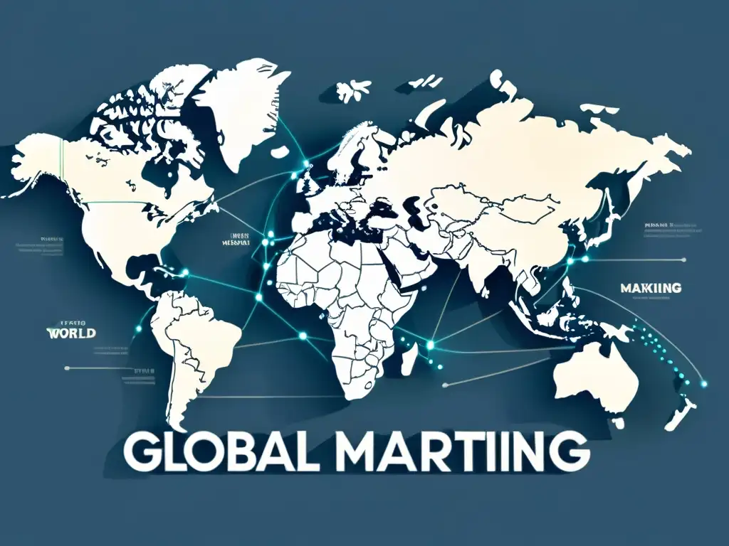 Mapa del mundo minimalista con líneas y nodos que representan estrategias de marketing de afiliación a nivel global, con tipografía moderna y elegante