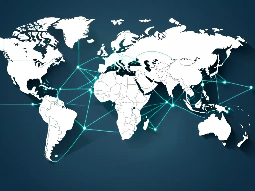 Mapa del mundo minimalista con líneas de transacción digital, simbolizando el impacto del comercio electrónico global en la economía