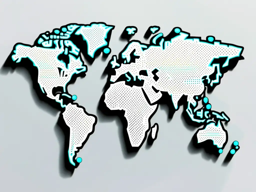 Mapa del mundo minimalista de líneas y puntos interconectados, simbolizando el posicionamiento de marca global en Ecommerce