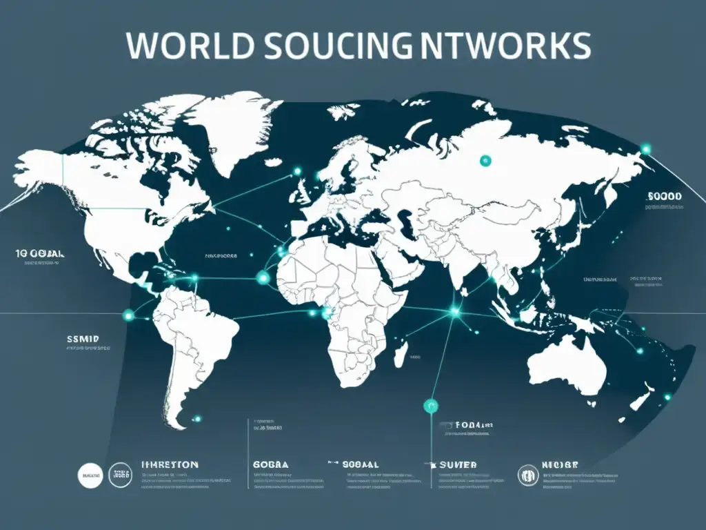 Un mapa del mundo minimalista muestra redes interconectadas, resaltando hubs comerciales y proveedores internacionales