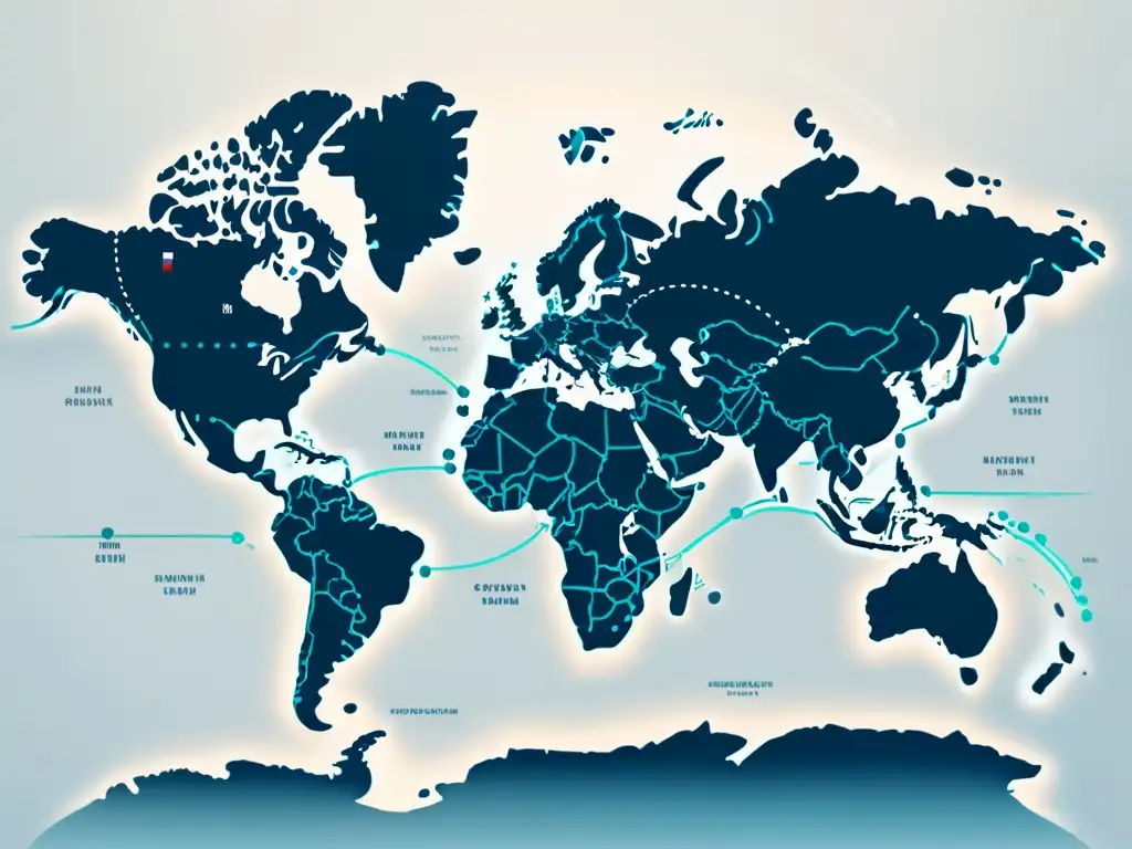 Mapa del mundo minimalista con rutas de envío internacionales ecommerce en tonos suaves y líneas punteadas en contraste