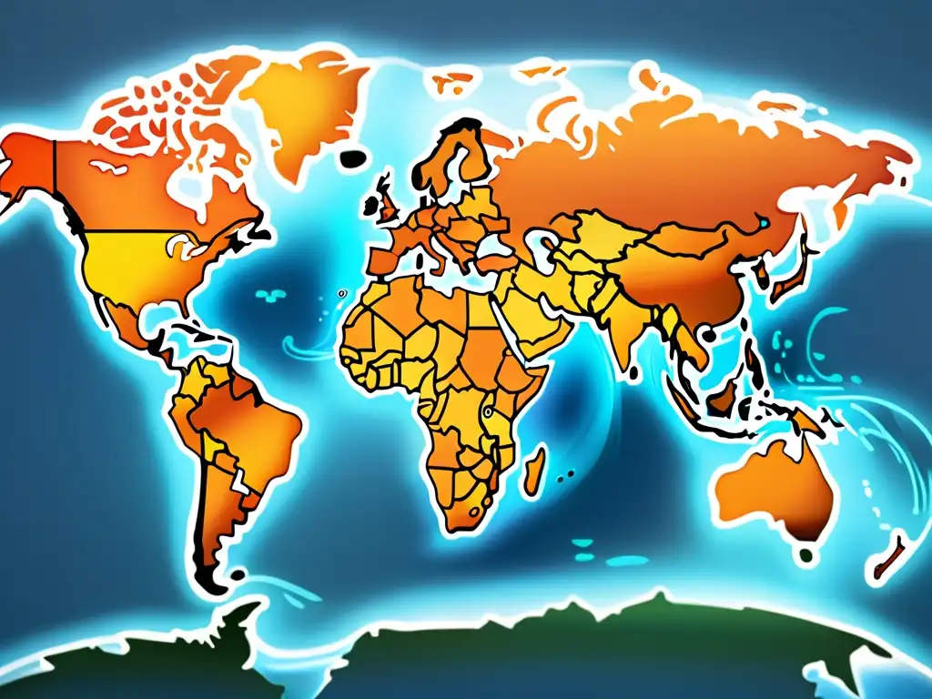 Un mapa del mundo minimalista de rutas comerciales globales conectadas, superpuesto con capas translúcidas que representan el flujo de contenidos digitales