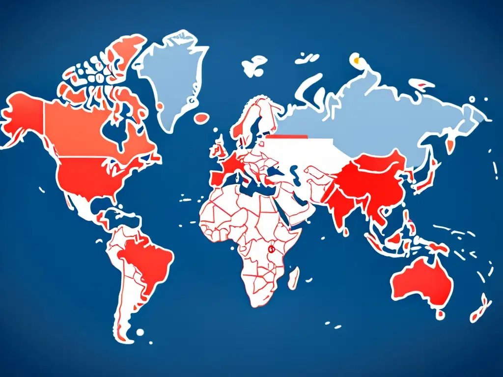 Mapa del mundo con países resaltados en rojo y azul para representar aranceles al ecommerce global