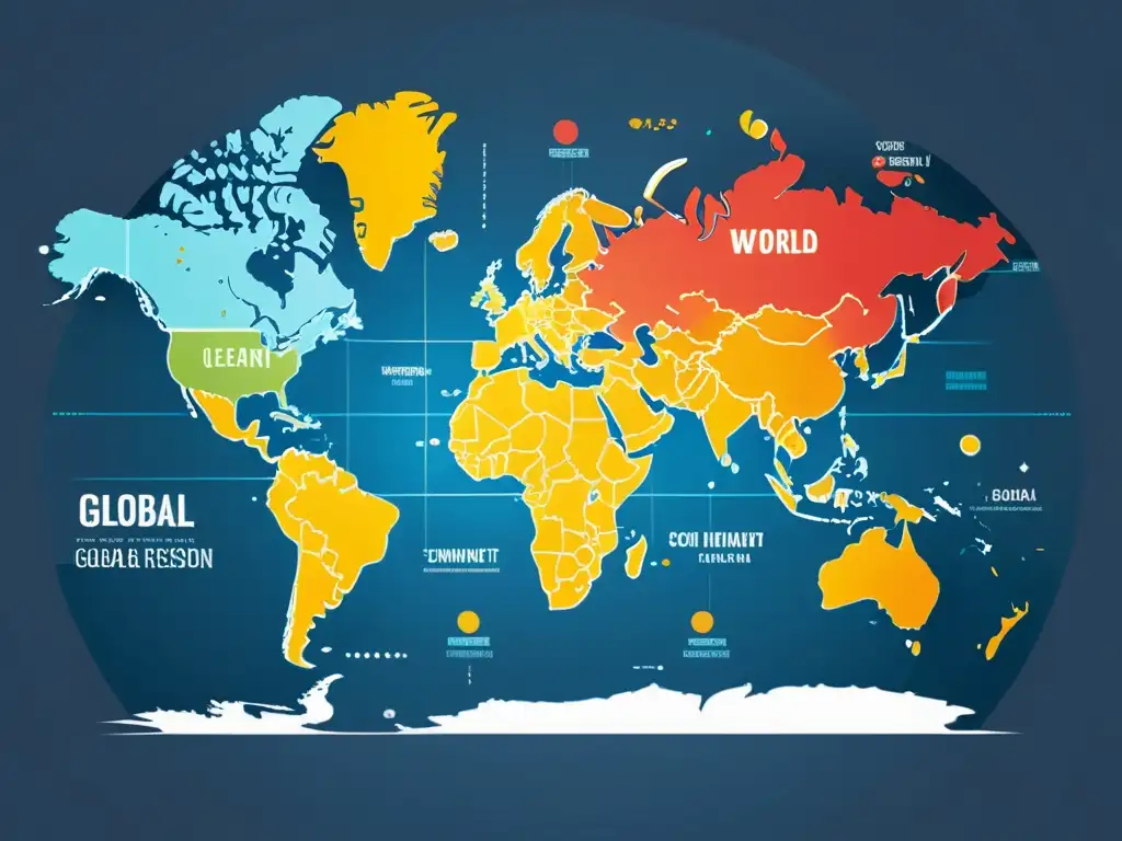 Mapa del mundo con regiones destacadas en colores vibrantes, simbolizando mercados internacionales para eCommerce y posicionamiento SEO internacional