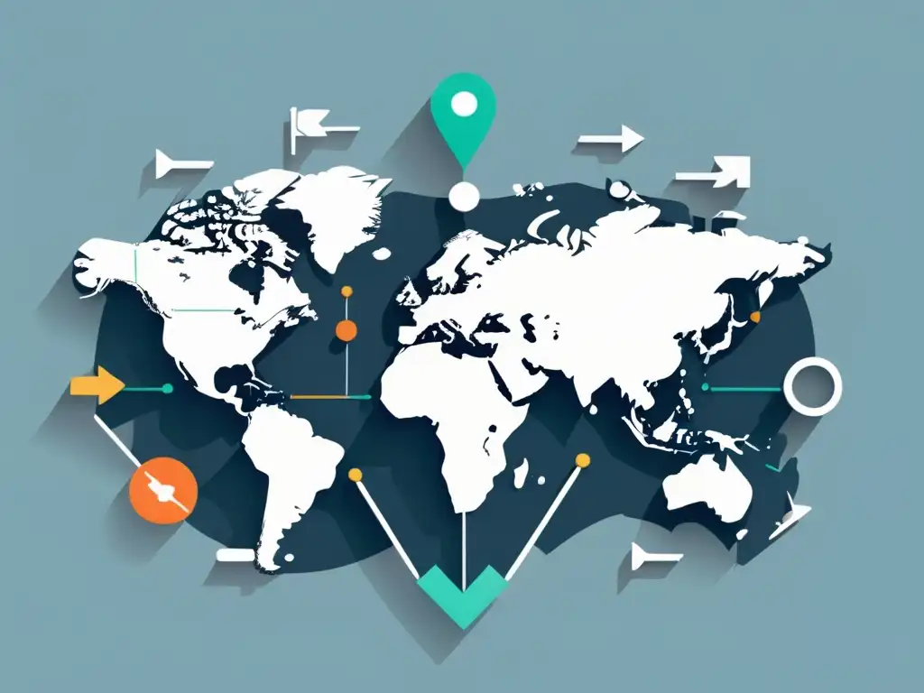 Mapa del mundo con regiones resaltadas y flechas hacia ellas, simbolizando la expansión de un negocio eCommerce