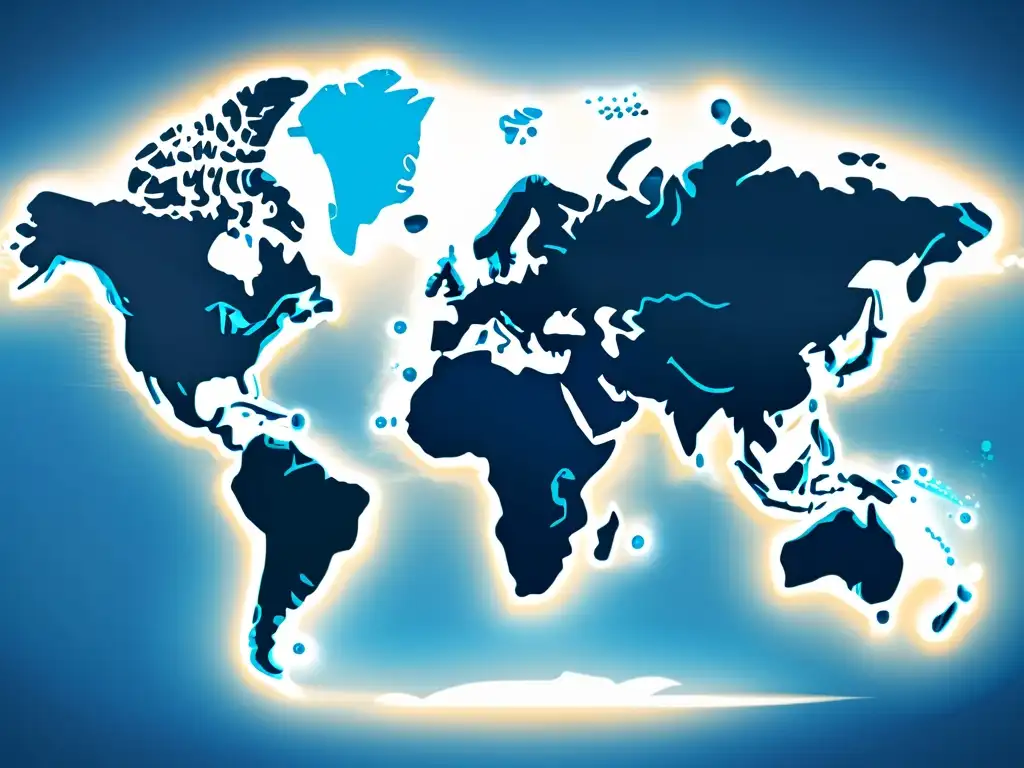 Un mapa del mundo en 8k con regiones resaltadas en tonos azules representando estrategias de precio dinámico en eCommerce global