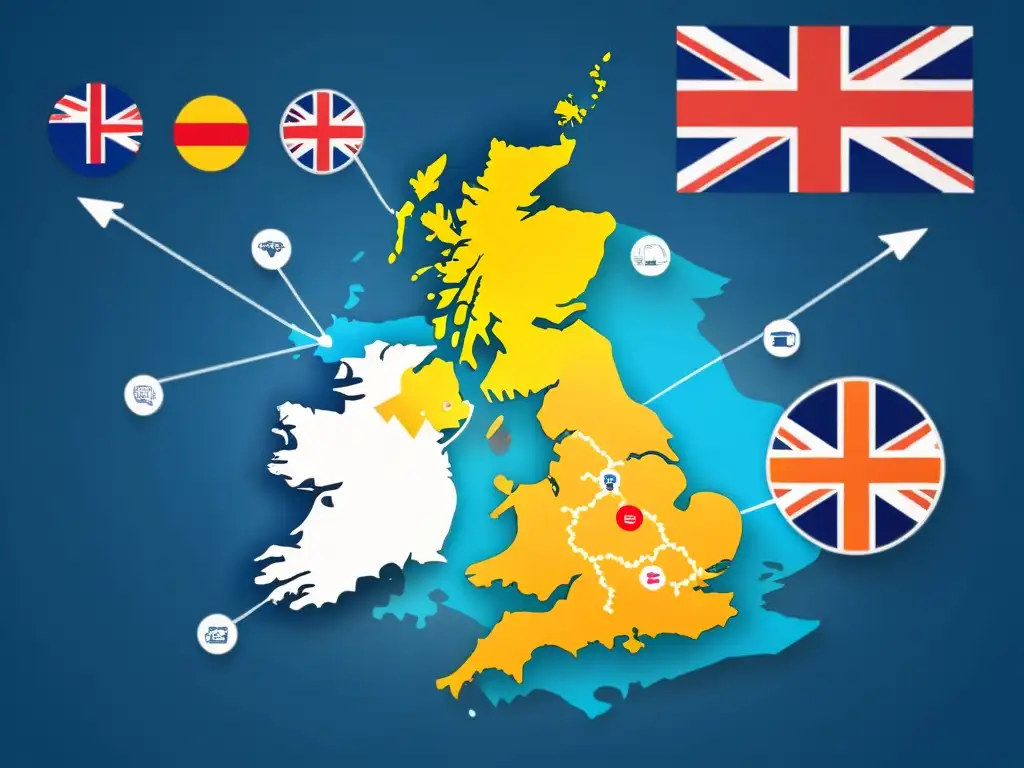 Mapa del mundo con el Reino Unido resaltado, rodeado de íconos de comercio electrónico