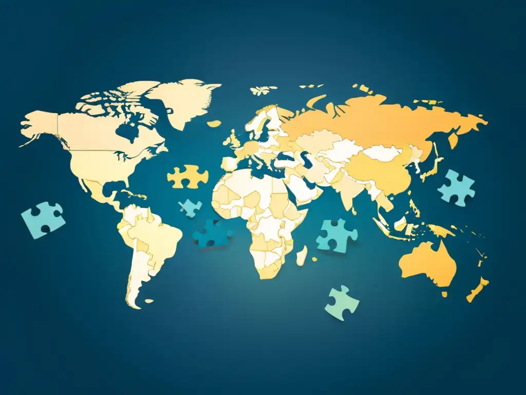 Mapa del mundo en rompecabezas, representando la adaptación de productos para globalización en tonos modernos y líneas limpias