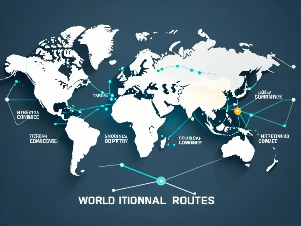 Mapa del mundo con rutas comerciales resaltadas, simbolizando colaboraciones internacionales para expandir ECommerce