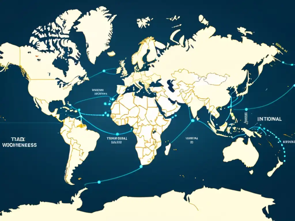 Mapa del mundo con rutas comerciales resaltadas, mostrando la interconexión global