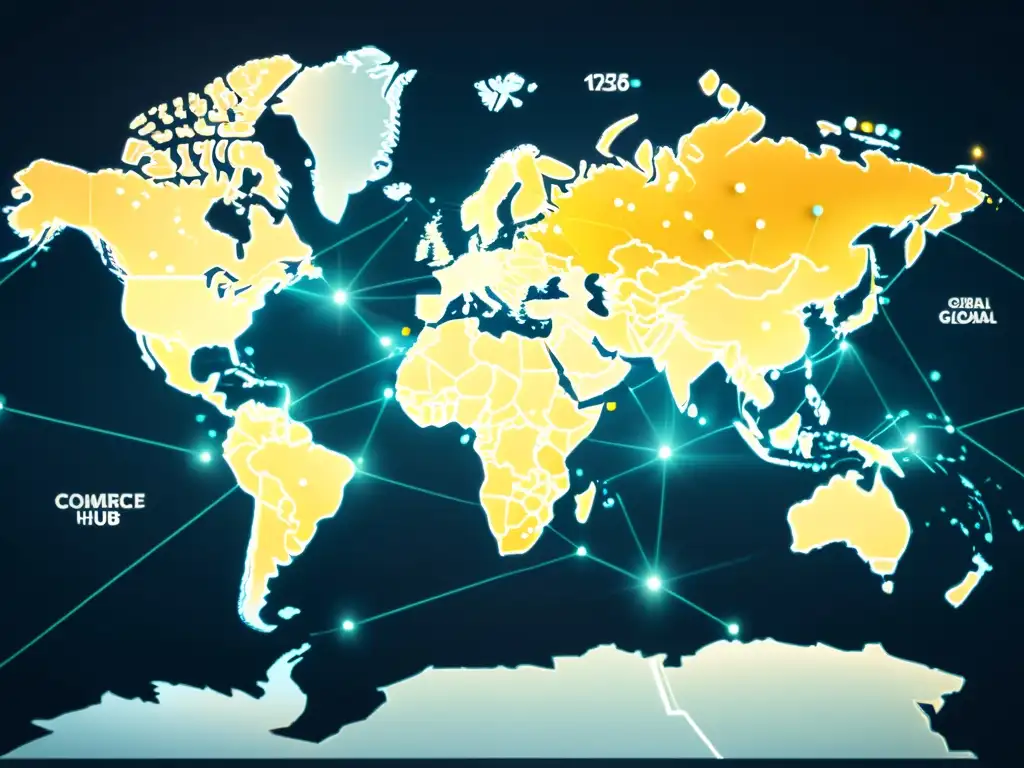 Mapa del mundo con rutas comerciales resaltadas y centros de comercio global, simbolizando expansión y crecimiento