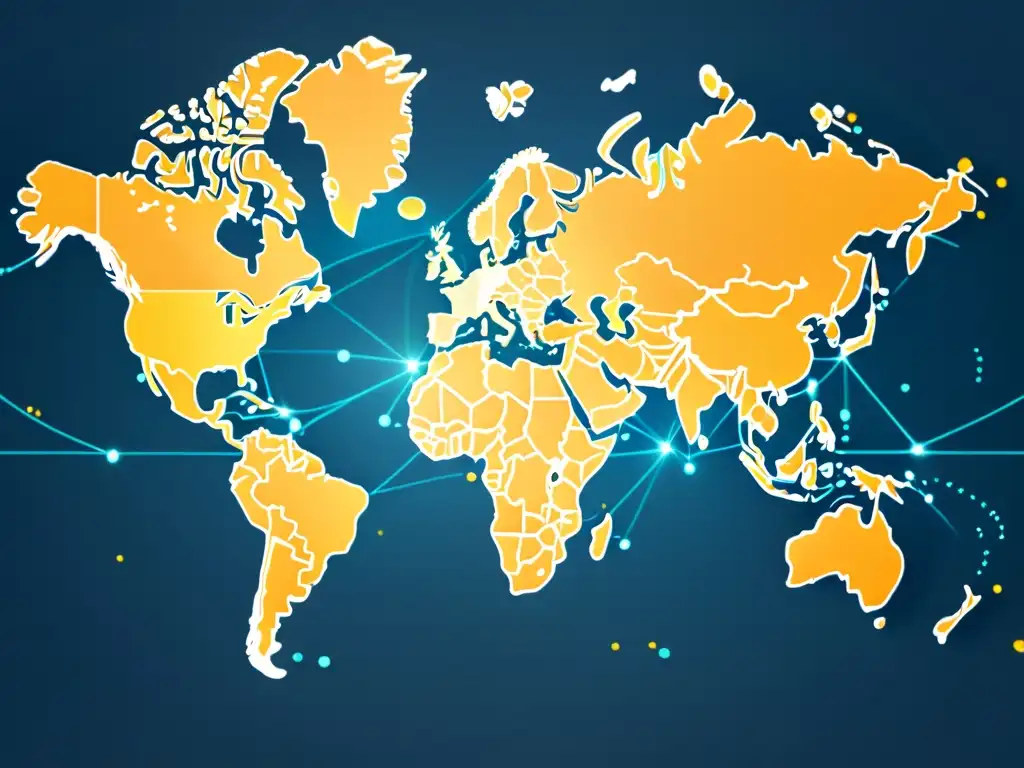 Mapa del mundo con rutas de expansión global de ecommerce, destacando regiones clave y centros de comercio