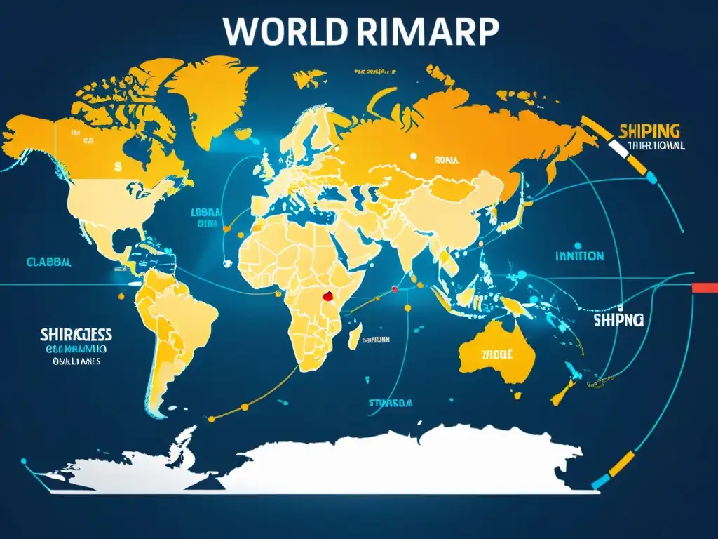 Mapa del mundo con rutas de envío internacionales destacadas y puertos clave, transmitiendo eficiencia y planificación estratégica en tarifas envío internacionales competitivas