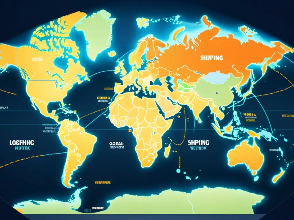 Mapa del mundo con rutas de envío resaltadas en colores, mostrando la red logística interconectada del dropshipping internacional