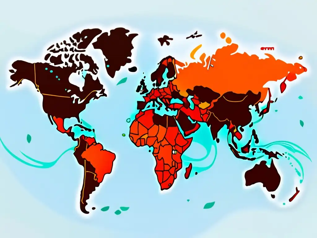 Mapa del mundo con rutas de envíos internacionales ecommerce en colores vibrantes sobre fondo blanco, representando la complejidad del comercio global