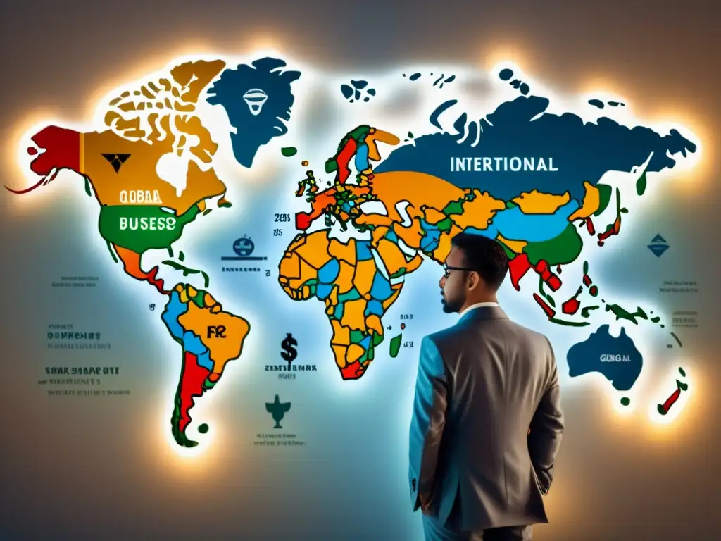 Mapa del mundo con símbolos de monedas, representando la diversidad de mercados internacionales y estrategias de precios globales