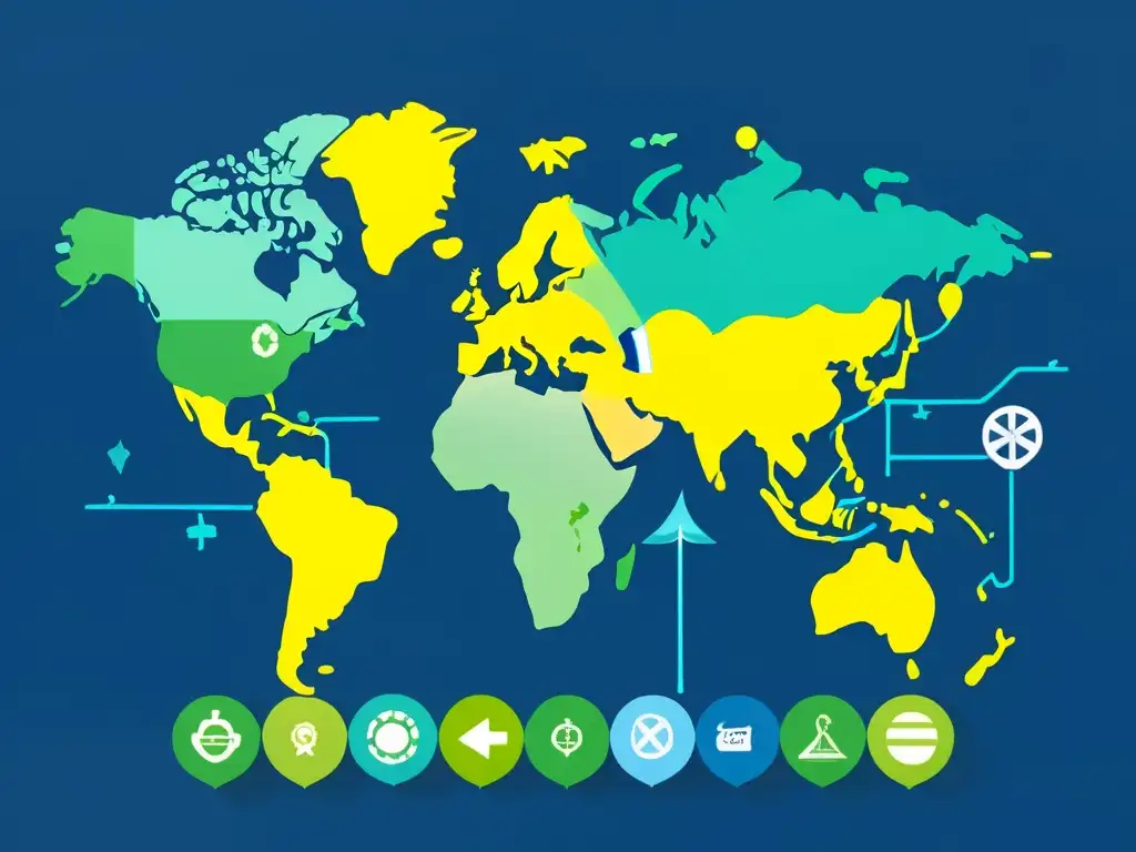 Mapa del mundo en tonos azules y verdes resaltando países, rodeado de iconos de carritos de compra, monedas y banderas