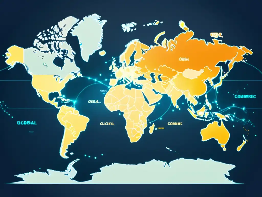 Mapa del mundo con transacciones de ecommerce y rutas de suministro, mostrando el impacto geopolítico en el ecommerce