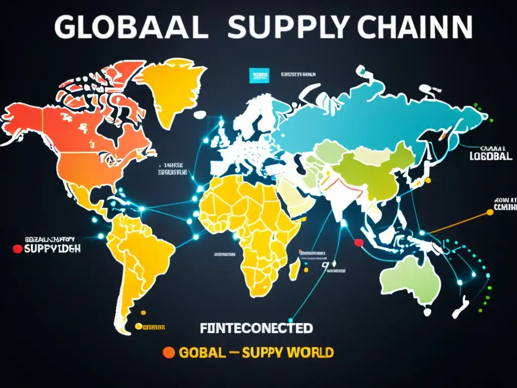 Mapa de red de cadenas de suministro global, destacando rutas logísticas y centros de distribución en un diseño moderno