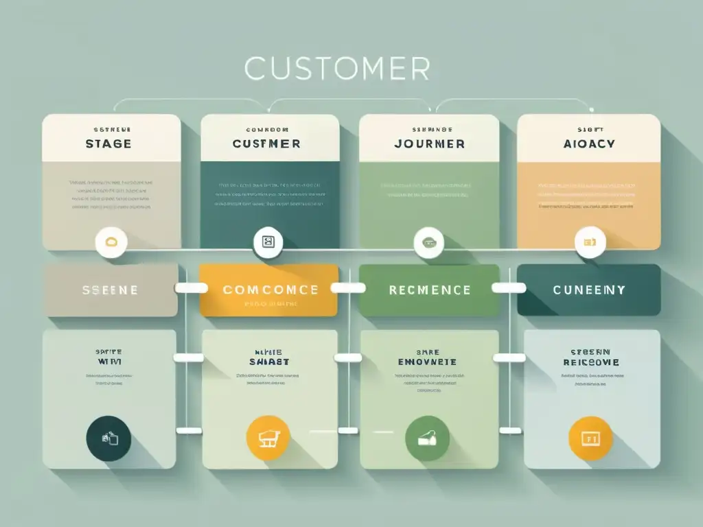 Un mapa sereno del ciclo de vida del cliente ecommerce, con colores suaves y líneas limpias, representando las etapas clave con claridad y sofisticación