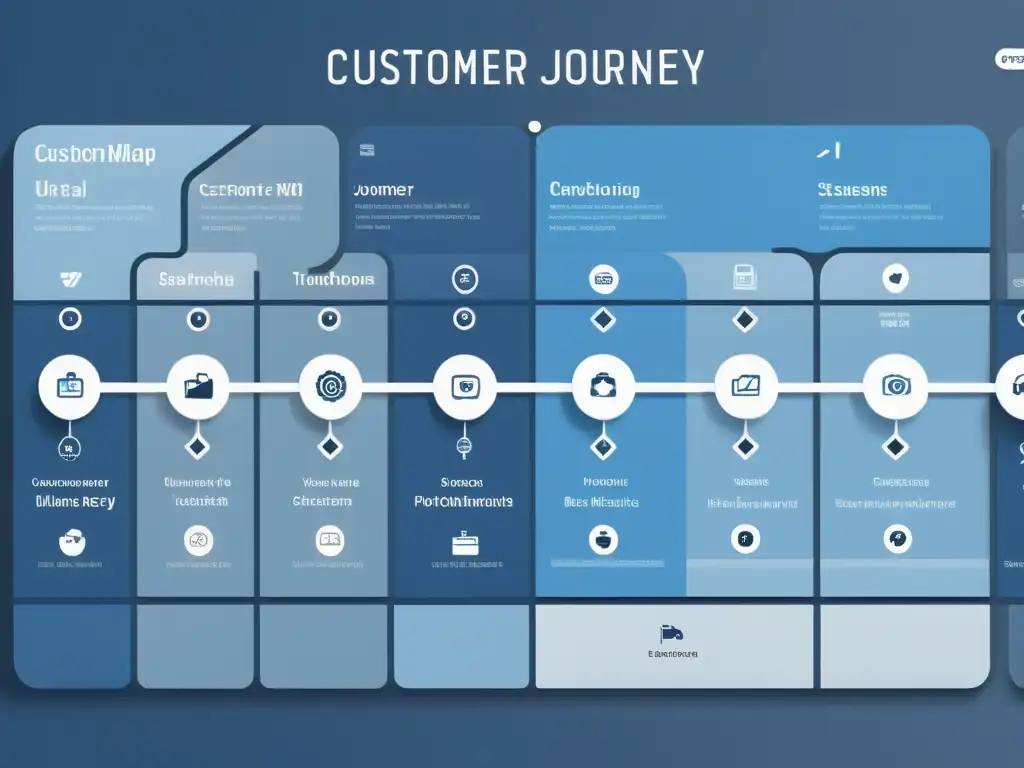 Un mapa del viaje del cliente en ecommerce, minimalista y detallado, con etapas y símbolos distintivos en una interfaz digital moderna