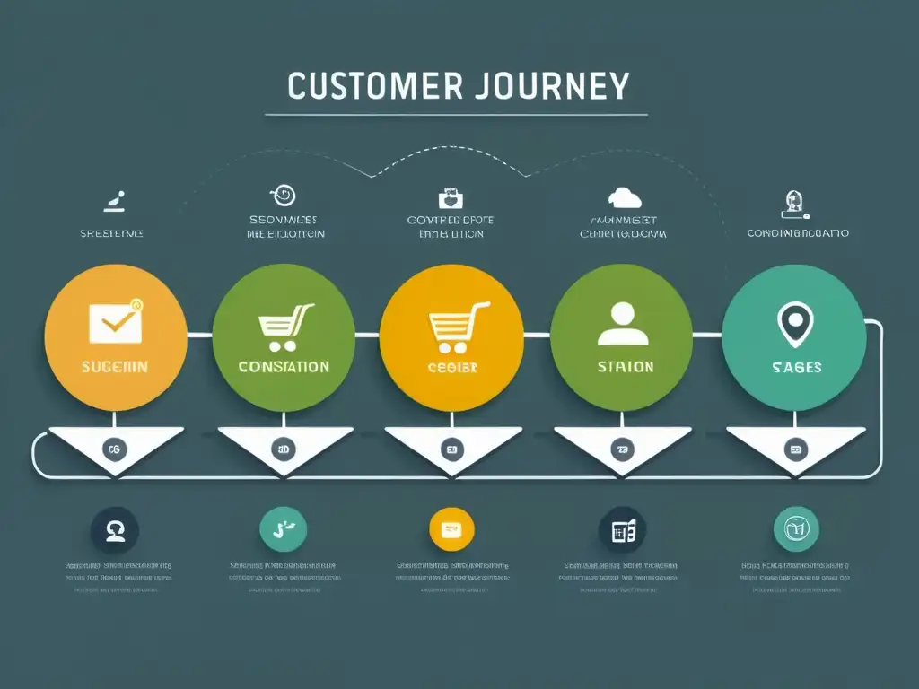 Mapa del viaje del cliente en ecommerce: Ilustración minimalista de un mapa de viaje del cliente para un sitio web de comercio electrónico, con puntos clave y diseño moderno