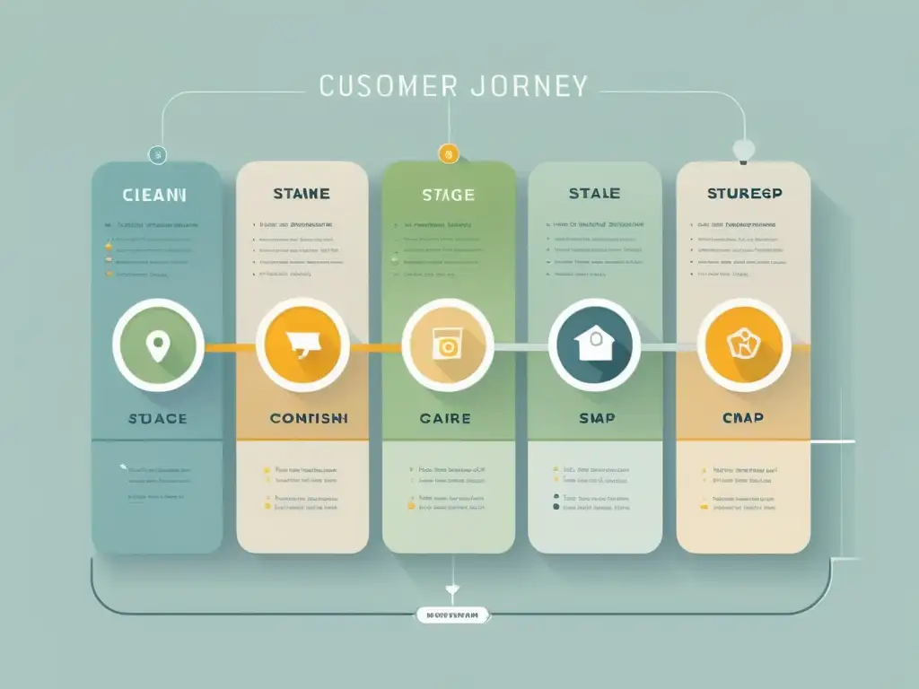 Mapa del viaje del cliente en ecommerce: Ilustración minimalista y serena con líneas limpias y colores suaves, representando etapas desde la conciencia hasta la conversión