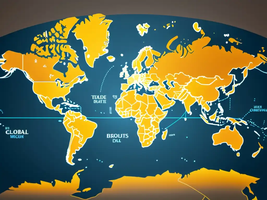 Dos mapas mundiales superpuestos en tonos terrosos con fronteras resaltadas y rutas comerciales, simbolizando la resolución de conflictos internacionales en el contexto del comercio global