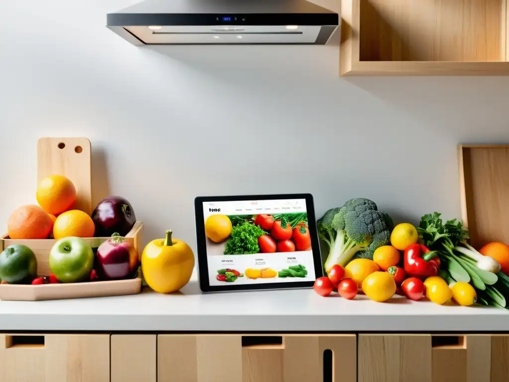 Planificación de menús con ecommerce: Cocina minimalista con frutas y verduras frescas en cajas de madera, tablet y app de ecommerce moderna